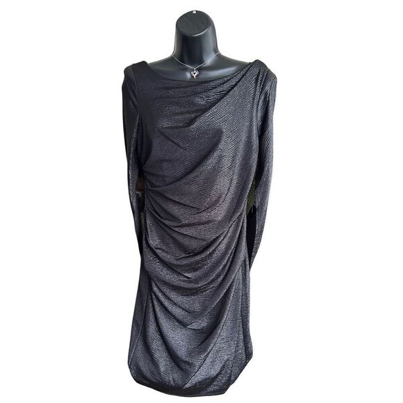 R&M Richards Women's Sz 8 Drape Back Metallic Knit Split Sleeve Short Dress Blck - Picture 3 of 16